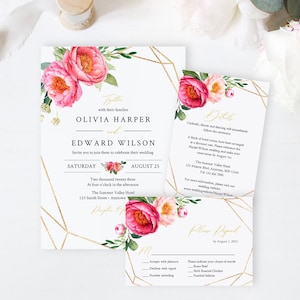 Bearbeitbare Fuchsia Koralle Gold Geometrische Hochzeitseinladungs-Reihe, Rosa Blumen RSVP Details, Pfingstrosen druckbare Vorlage, Sofortiger Download 572-A