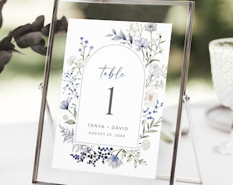 Printable Dusty Blue Floral Table Number Template, Wedding Table Number Wildflower, Boho Wedding Table Card, Arched Flowers, Editable 509-A