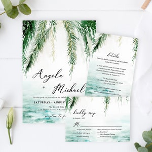 Editable Beach Wedding Invitation Suite, Tropical RSVP Details, Destination Wedding Printable Template, Palms Ocean, Instant Download 553-A