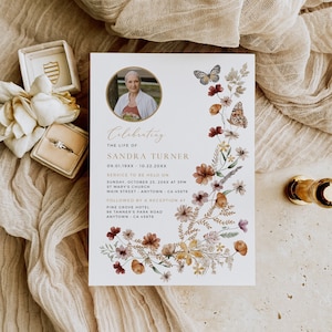 Fall Funeral Invitation Woman, Wildflower Celebration of Life, Funeral Announcement, Memorial Invitation, Editable Invite Template, 513-A