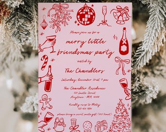 Whimsical Xmas Cocktails Invite, Friendsmas Christmas Party Invitation Template, Doodle Holiday Drinks, Editable, 222-B