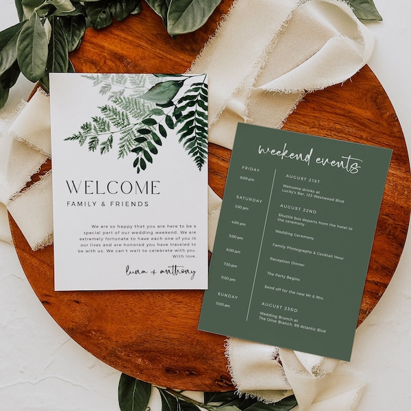 Modern Fern Editable Welcome Bag Letter Itinerary, Minimal Botanical Wedding Timeline, Printable Order of Events Template, Download, 586-A