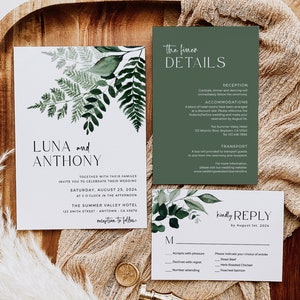 Suite di inviti di nozze modificabili con design botanico moderno, invito con foto minimale Greenery, modello stampabile con dettagli RSVP di felce, download istantaneo 586-A