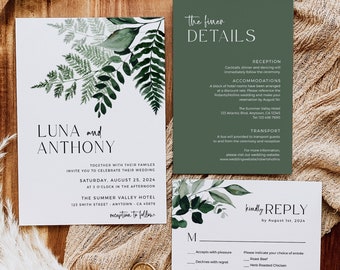 Editable Modern Botanical Wedding Invitation Suite, Printable Greenery Minimal Photo Invite, Fern RSVP Details Template, Inst Download 586-A