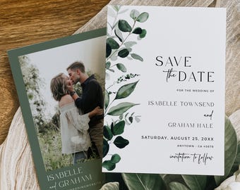 Botanical Save the Date with Photo, Greenery Save the Date Template Eucalyptus Wedding Save Date Card Printable Modern Leaves Editable 596-A