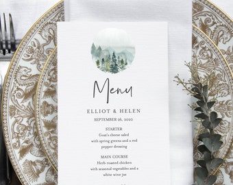 Mountains Editable Menu, Rustic Table Wedding Menu, Woodland Printable Menu DIY Template, Outdoors Forest, Templett Instant Download 531-A