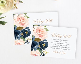 Blush Rose Gold Navy Floral Editable Wishing Well Insert, Blue Pink Honeymoon Wish DIY Template, Printable, Instant Download Templett 542-A