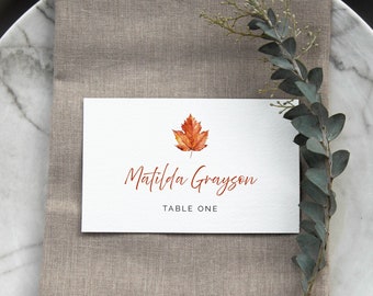 Editable Maple Leaf Place Card Burnt Orange Name Card Fall Wedding Place Card Minimalist Name Cards, Simple Seating Card DIY Template, 567-A