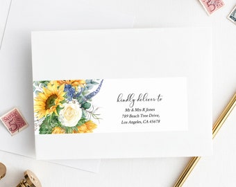 Sunflower Editable Wrap Around Address Label Template, Yellow Floral Printable Envelope Address Label, DIY Addresses, Instant Download 565-A