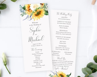 Editable Sunflower Wedding Program, Yellow Floral Program, Eucalyptus Greenery Printable Program, Template, Roses, Download, Templett 565-A