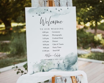 Rustic Wedding Timeline Board Printable, Woodland Order of Events Sign Forest Order of Day Poster, Editable Wedding Itinerary Template 570-A