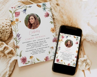 Funeral Announcement with Photo, Wildflower Celebration of Life Invitation Woman, Memorial Invitation Digital Editable Invite Template 595-A