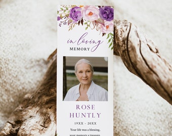 In Loving Memory Bookmark, Memorial Bookmark Favor, Funeral Bookmark, Funeral Keepsake Lilac Peony Obituary Editable Bookmark Template 530-A