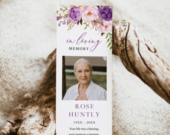 In Loving Memory Bookmark, Memorial Bookmark Favor, Funeral Bookmark, Funeral Keepsake Lilac Peony Obituary Editable Bookmark Template 530-A