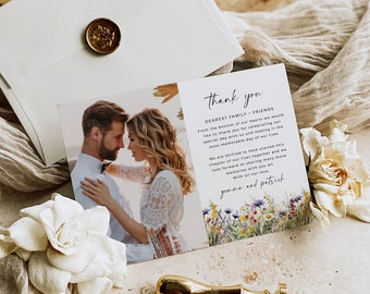 Bright Wildflower Thank You Card with Photo, Floral Wedding Thank You Note Template, Printable Photo Thanks, Editable Thank You Card, 510-A