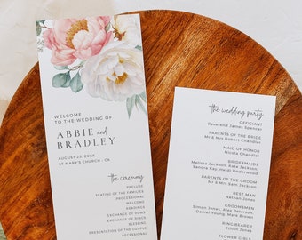 Peony Wedding Program, Peonies Ceremony Program, Garden Wedding Program, Blush Floral Order Service, Boho Printable, Editable Template 507-A