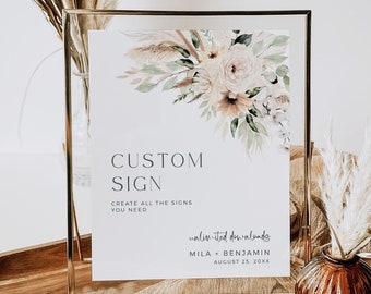 Boho Unlimited Signs Template, Sage Green Custom Wedding Sign, Pampas Grass Sign, Printable Shower Sign, Bohemian Sign, Editable, 591-A