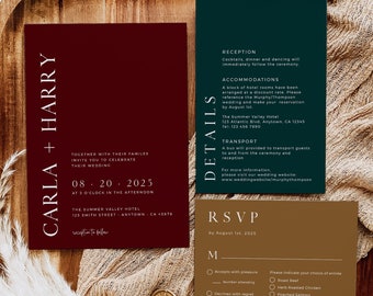 Printable Jewel Tone Modern Wedding Invitation Suite, Editable Burgundy Minimal Photo Invite, RSVP Details Template, Instant Download 587-A