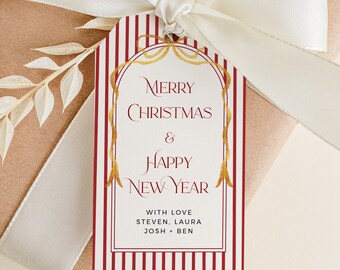 Editable Vintage Holiday Label, Red Striped Christmas Gift Tag Template, Xmas Tag, Printable, 226-A