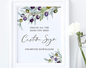 Italian Wedding Table Top Sign, Olive Custom Wedding Sign, Mediterranean Unlimited Signs Template, Printable Wedding Signage, Editable 563-A