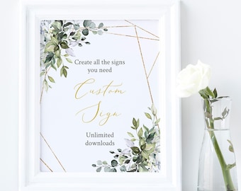 Gold Geometric Foliage Editable Custom Wedding Sign, Greenery Unlimited Sign, Printable Wedding Shower Decor Template Instant Download 538-A