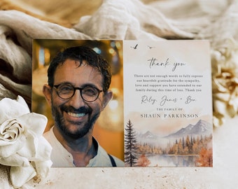 Fall Memorial Thank You Card with Photo, Woodland Funeral Thank You Card Man, Rustic Celebration of Life Thank You Template, Editable 599-A