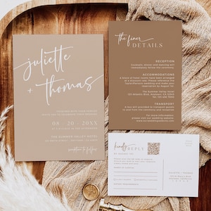 Taupe Hochzeitseinladungsset, Boho Hochzeitseinladungsreihe, Moderne Foto einladen, Neutral einladen Set, QR-Code Antwort, bearbeitbare Vorlage, 594-C