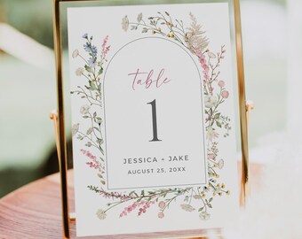 Printable Dusty Pink Floral Table Number Template, Wildflower Wedding Table Number, Boho Wedding Table Card, Arched Flowers, Editable 522-A