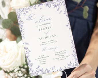 Chinoiserie Wedding Program Template, Printable Order of Day, Lilac Toile Fan Program, Editable 523-D