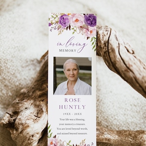 Memorial Bookmark Favor, Funeral Bookmark, In Loving Memory Bookmark, Funeral Keepsake Lilac Peony Obituary Editable Bookmark Template 530-A