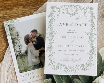 French Vintage Wedding Save Date Card Sage Green Toile Save the Date Template Chinoiserie Save the Date with Photo, Printable Editable 523-C