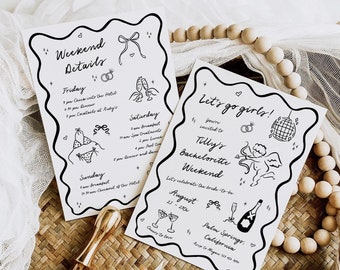 Hand Drawn Bachelorette Party Invite Template, Doodle Bachelorette Invitation and Itinerary, Quirky Invite, Scribble Bach Editable, 526-A