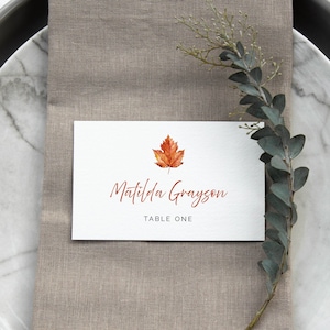 Maple Leaf Editable Place Card Burnt Orange Name Card Fall Wedding Place Card Minimalist Name Cards, Simple Seating Card DIY Template, 567-A