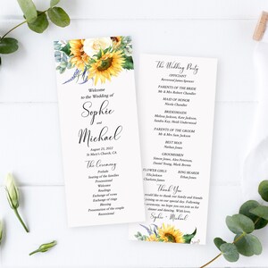 May include: Wedding program with sunflowers and greenery. The program lists the order of the ceremony and the wedding party. The text reads "Welcome to the Wedding of Sophie and Michael, August 25, 2022, St. Mary's Church, CA".