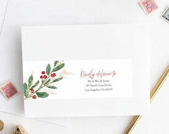 Editable Winter Red Berry Gold Greenery Wrap Around Address Label Template, Printable Envelope Address Label, Templett, Inst Download 585-A