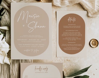 Editable Beige Double Arch Wedding Invitation Suite, Printable Tan Oval Photo Invite, Modern Boho RSVP Details Template, Inst Download 592-A