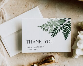 Printable Modern Botanical Thank You Cards, Editable Minimal Fern Foliage Thank You, DIY Template Minimalist Greenery Instant Download 586-A