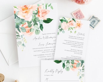 Editable Peach Greenery Floral Wedding Invitation Suite, Peach Eucalyptus RSVP Details, Peach Printable Template, Instant Download, 551-A