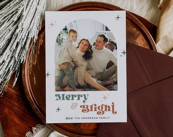 Editable Boho Holiday Card, Retro Christmas Card Template with Photo, Printable Modern Christmas Card, Arch Photo Card Boho Xmas Card, 215-A