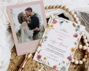 Wildflower Engagement Party Invitation with Photo Engagement Invite Template, Floral Engagement, Editable Template, 595-A