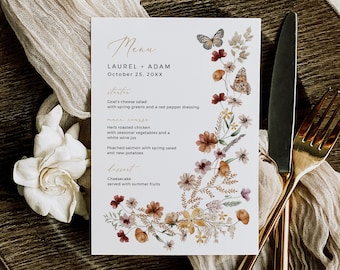 Boho Table Menu, Wildflower Wedding Menu, Wildflower Bridal Shower Menu, Pressed Flower Food Menu, Printable Menu Template, Editable, 513-A
