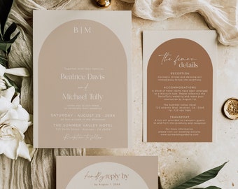 Taupe Arch Wedding Invitation Suite, Arched Wedding Invite Set, Boho Photo Invite, Modern QR Code RSVP, Tan Details, Editable Template 598-A