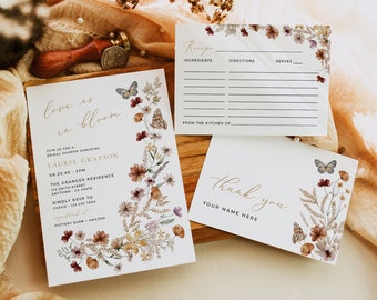 Wildflower Bridal Shower Invite with Photo Fall Bridal Shower Invitation Set, Floral Recipe Card Thank You Card, Editable Template, 513-A