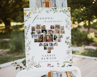 Forever in our Hearts Photo Display, Wildflower Funeral Photo Collage Sign Woman, Printable Memorial Photo Poster, Editable Template, 581-A