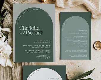 Sage Arched Wedding Invite Set, Sage Arch Wedding Invitation Set QR Code RSVP, Boho Modern Invite Bundle, Editable Invitation Template 502-A