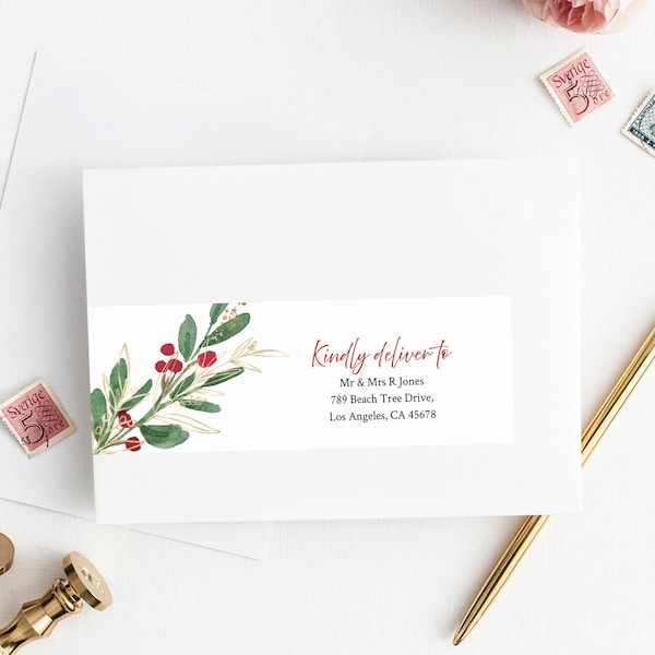 Winter Red Berry Gold Greenery Editable Wrap Around Address Label Template, Printable Envelope Address Label, Templett, Inst Download 585-A