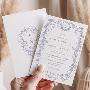 May include: A wedding invitation with a floral design in shades of purple. The invitation features the names "Floria Simpson" and "Nicholas Stark" with the date "Saturday, August 20, 20XX".