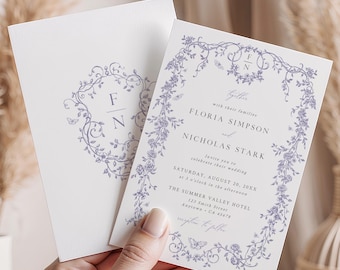 Toile De Jouy Wedding Invite Template, Dusty Lilac Chinoiserie Wedding Invitation Printable  French Floral Invite, Vintage Editable 523-D
