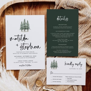 Suite di inviti per matrimonio modificabili moderni in pino, invito fotografico rustico foresta, modello stampabile con dettagli RSVP bosco, download immediato 588-A