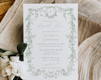 Sage Green Chinoiserie Bridal Brunch Invite Template, Toile Bridal Shower Invitation, Vintage, Editable, 523-C